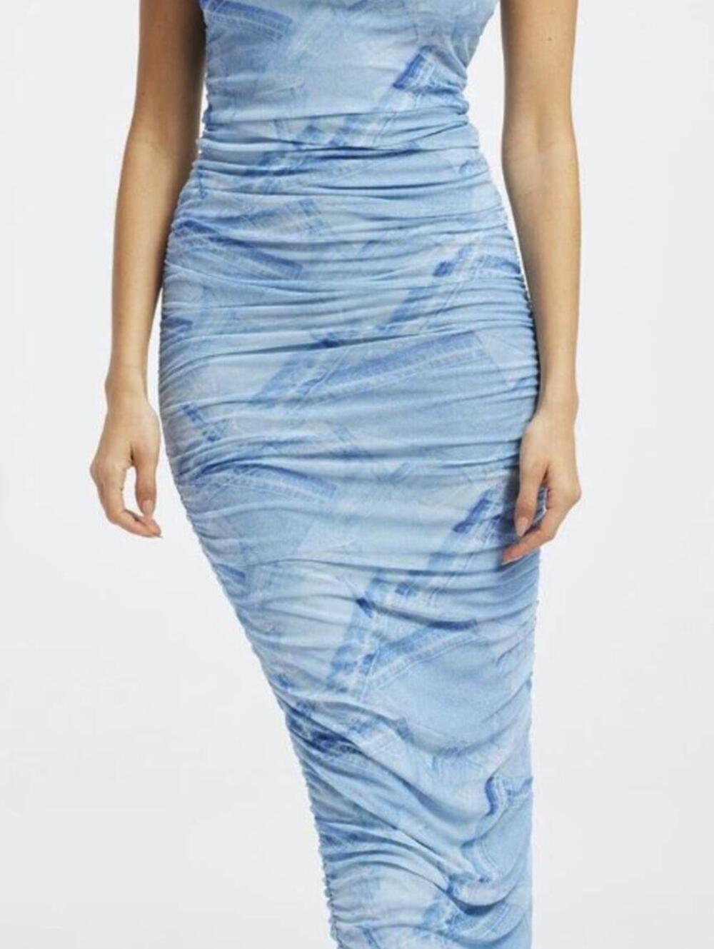 Good American Blue Patchwork Denim Ruched Maxi Dress - Size - 2